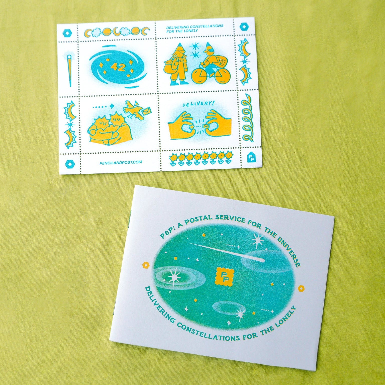 A postage stamp sheet of cinderella stamps featuring a retro space-themed design with teal and yellow illustrations on a light green background.